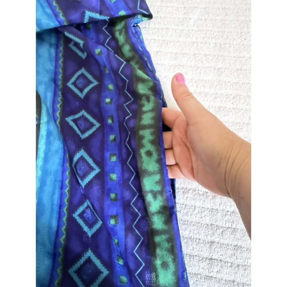 Sante Classics Women M Blue Green Geometric Print Button Front Long Dress Zipper